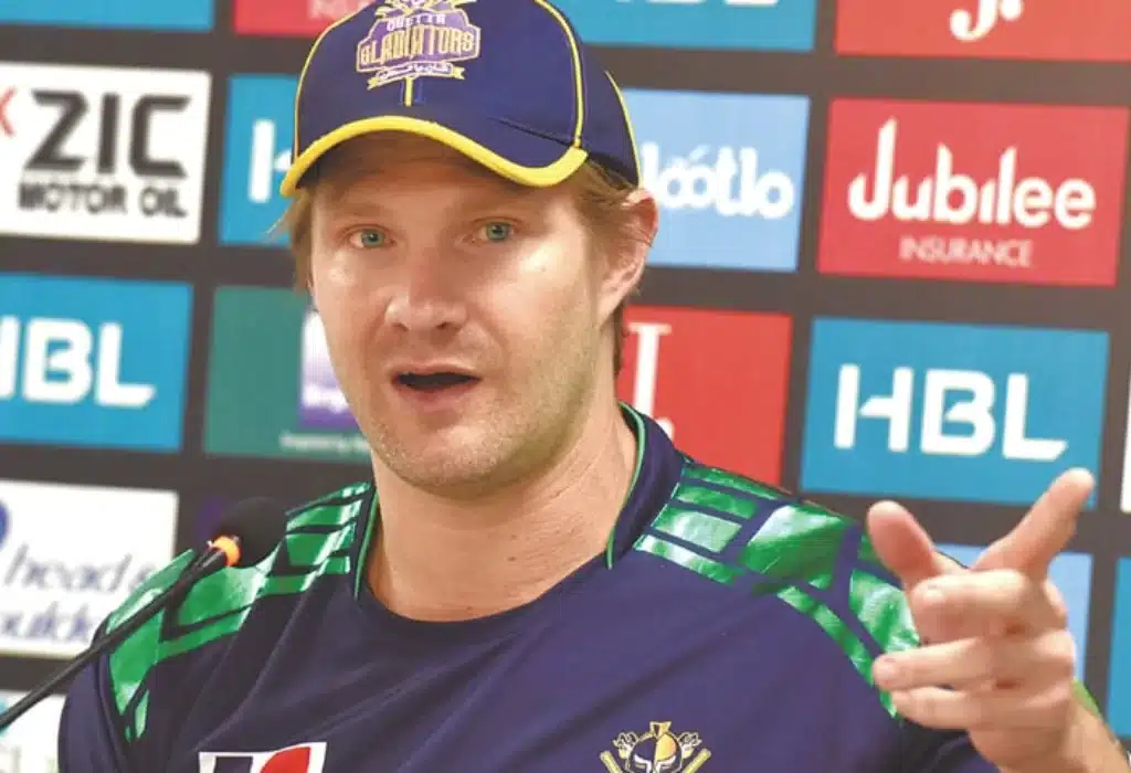 Shane Watson doing press conference in Quetta Gladiators uniform