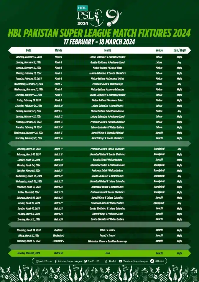 HBL PSL 9 Schedule Announced Starting From 17 February 2024 2 HBL PSL 9 Schedule