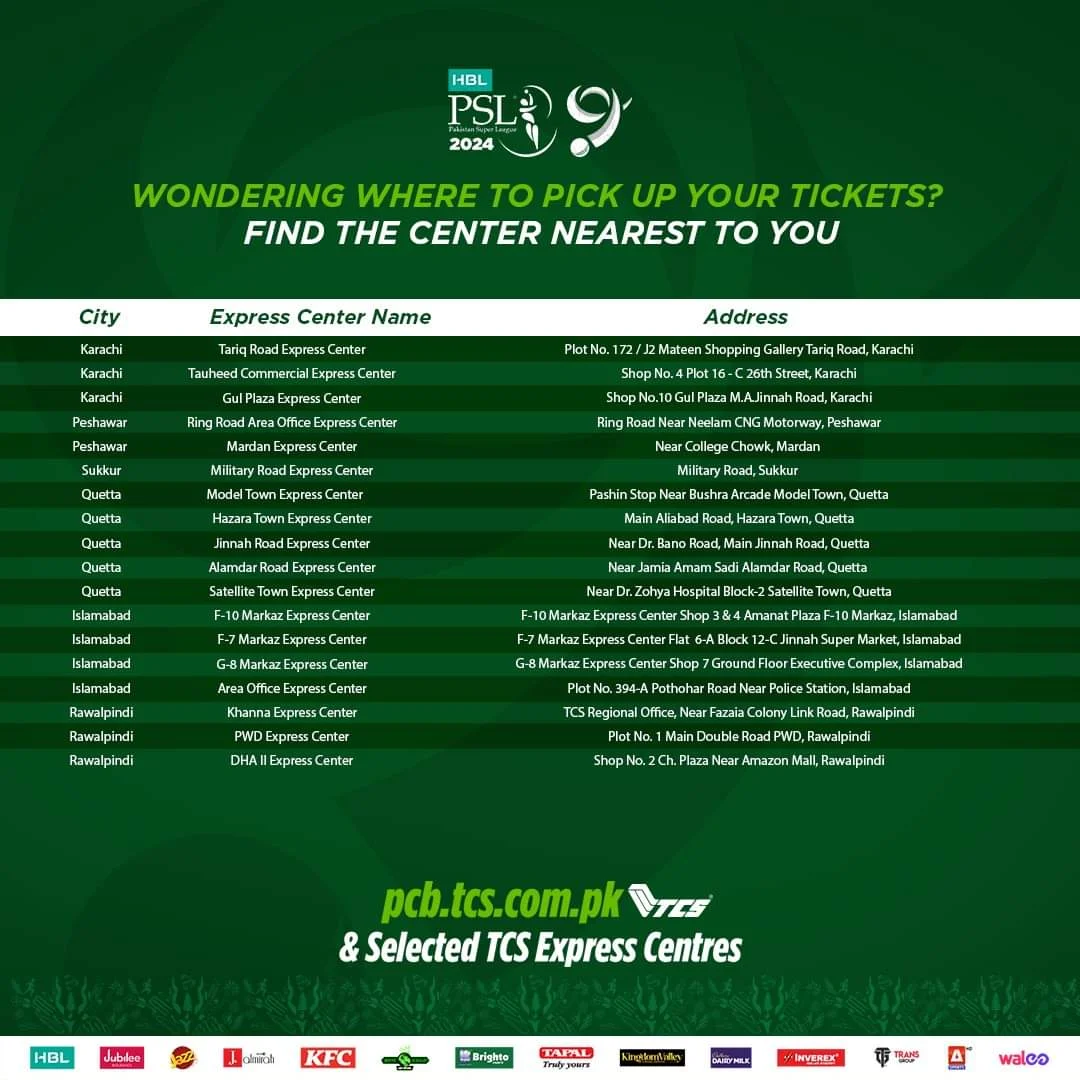 TCS Express Centers in Karachi, Peshawar, Quetta, Sukkur, Islamabad, and Rawalpindi