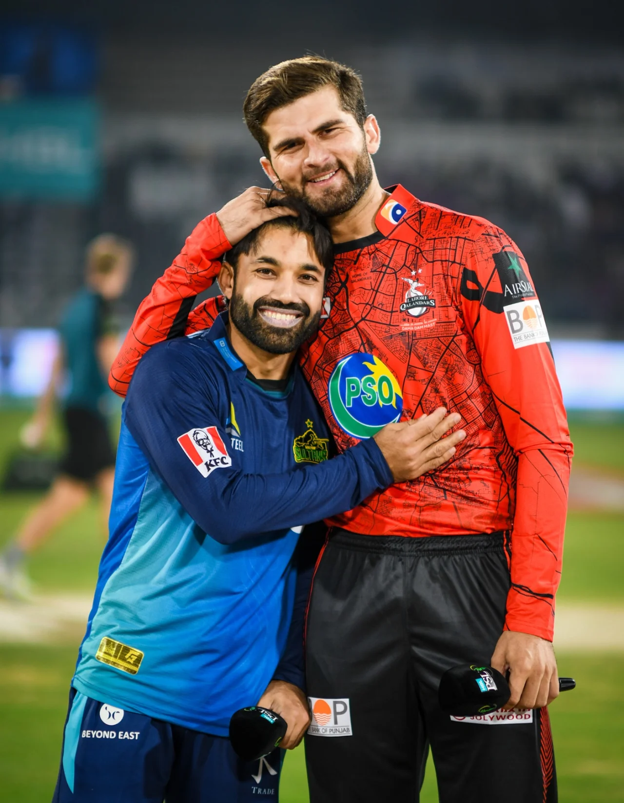 Mohammad Rizwan and Shaheen Shah Afridi at the toss, Multan Sultans vs Lahore Qalandars, Pakistan Super League, Multan, February 21, 2024