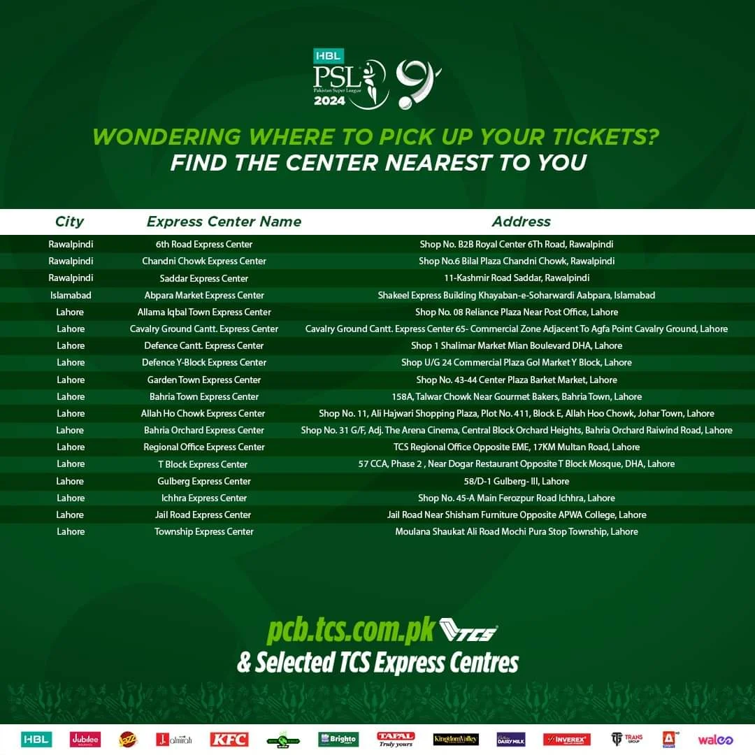 TCS Express Centers in Rawalpindi, Islamabad, and Lahore